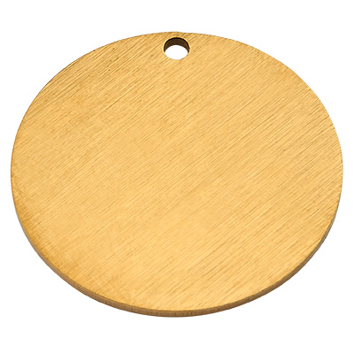 Stainless steel pendant, stamp blank, disc, brushed, gold-coloured, 20x1 mm, hole: 1.2 mm 