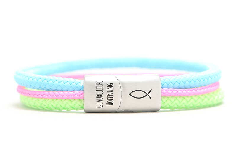 Segeltau Armband "Glaube, Liebe, Hoffnung" mit drei verschiedenen Bändern und eckigem Magnetverschluss 
